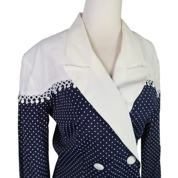 Vintage 80s Rampage navy blue and white polka dot skirt blazer suit set 7 - Picture 2 of 11